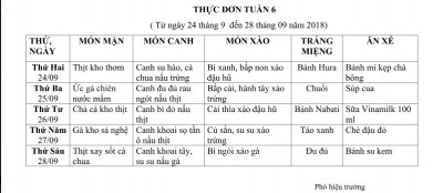 Thực đơn tuần 6 (từ ngày 24/08/2018 đến ngày 28/08/2018)