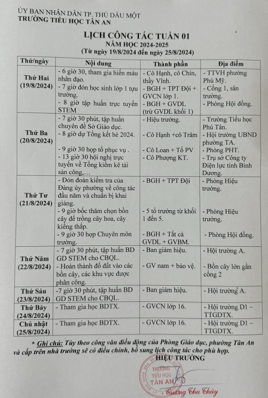 Lich làm việc trường TH Tân An 2024-2025