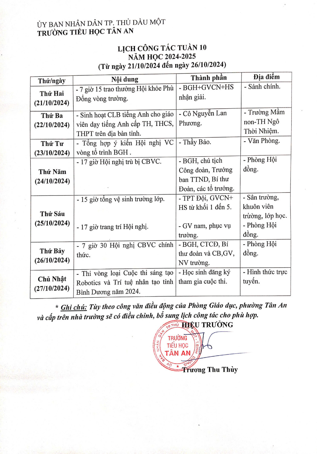 Lich làm việc trường TH Tân An 2024-2025