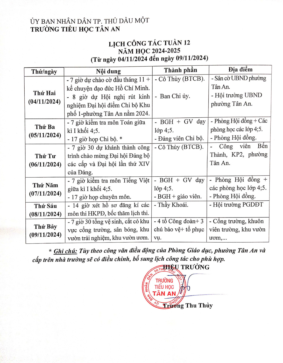 Lich làm việc trường TH Tân An 2024-2025