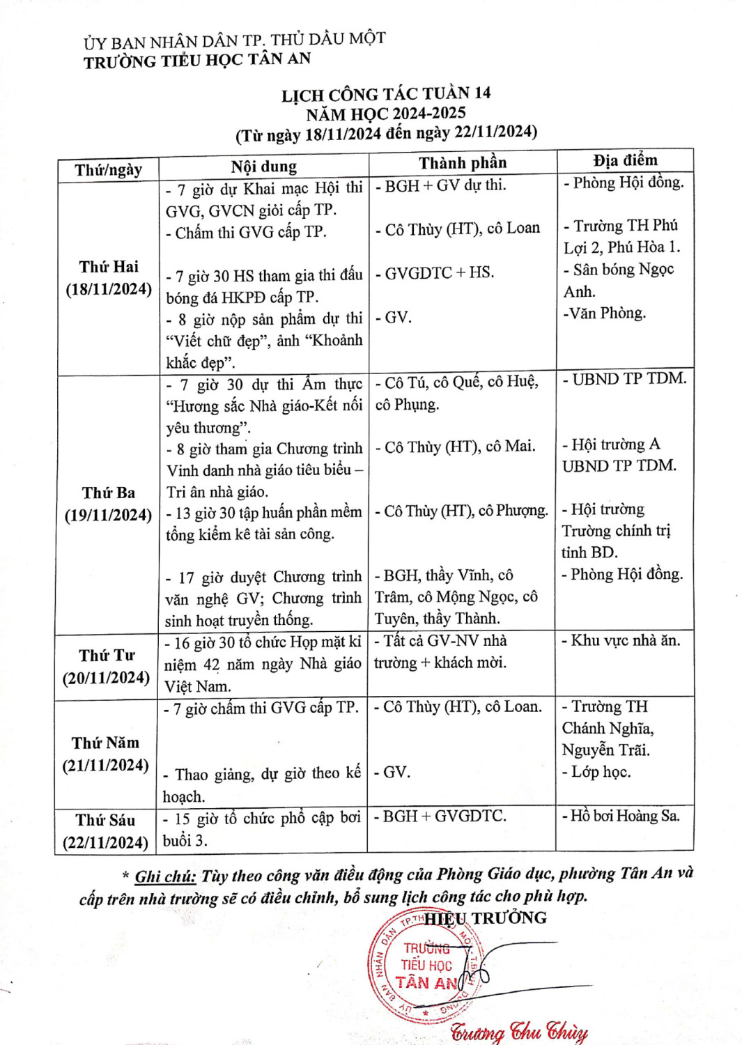 Lich làm việc trường TH Tân An 2024-2025