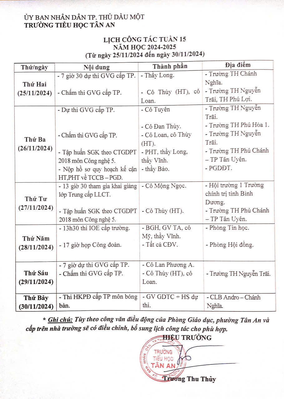 Lich làm việc trường TH Tân An 2024-2025