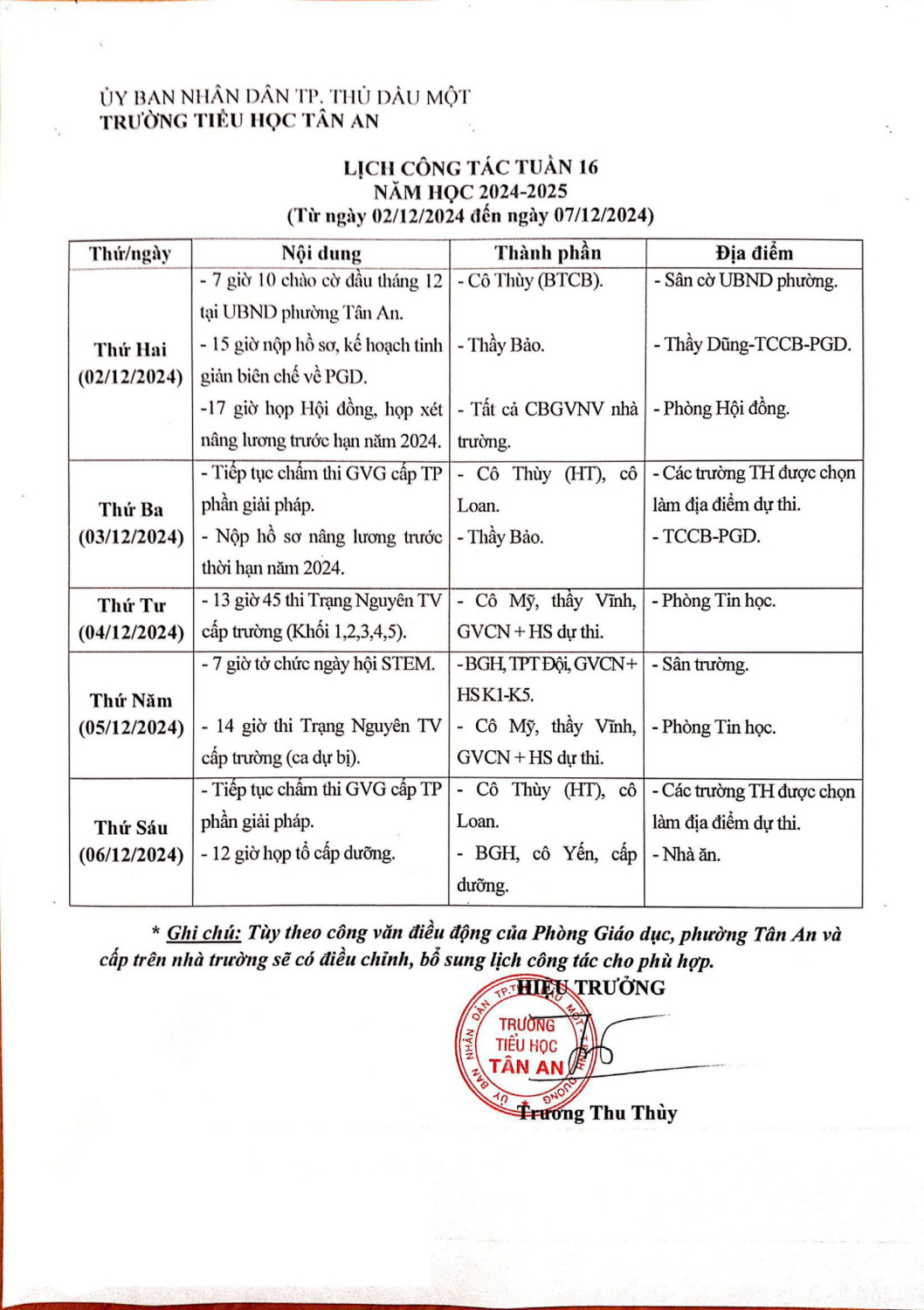 Lich làm việc trường TH Tân An 2024-2025