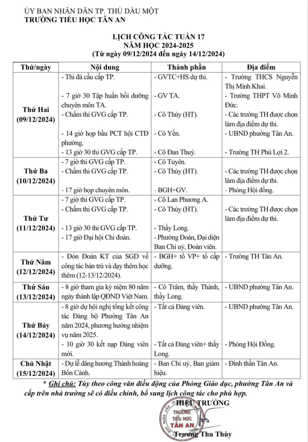 Lich làm việc trường TH Tân An 2024-2025