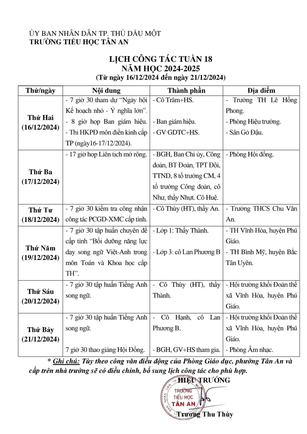 Lich làm việc trường TH Tân An 2024-2025