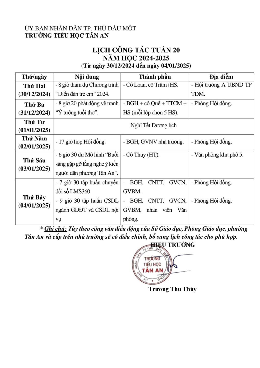 Lich làm việc trường TH Tân An 2024-2025