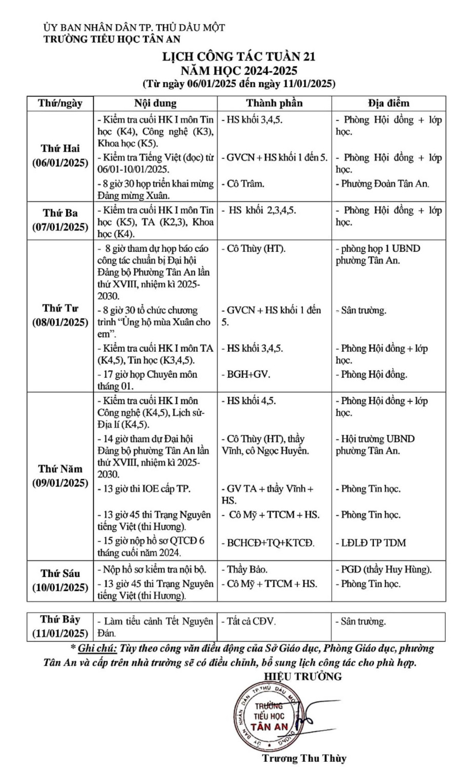 Lich làm việc trường TH Tân An 2024-2025