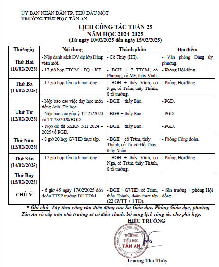 Lich làm việc trường TH Tân An 2024-2025