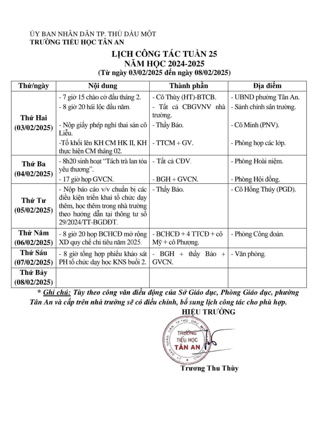 Lich làm việc trường TH Tân An 2024-2025