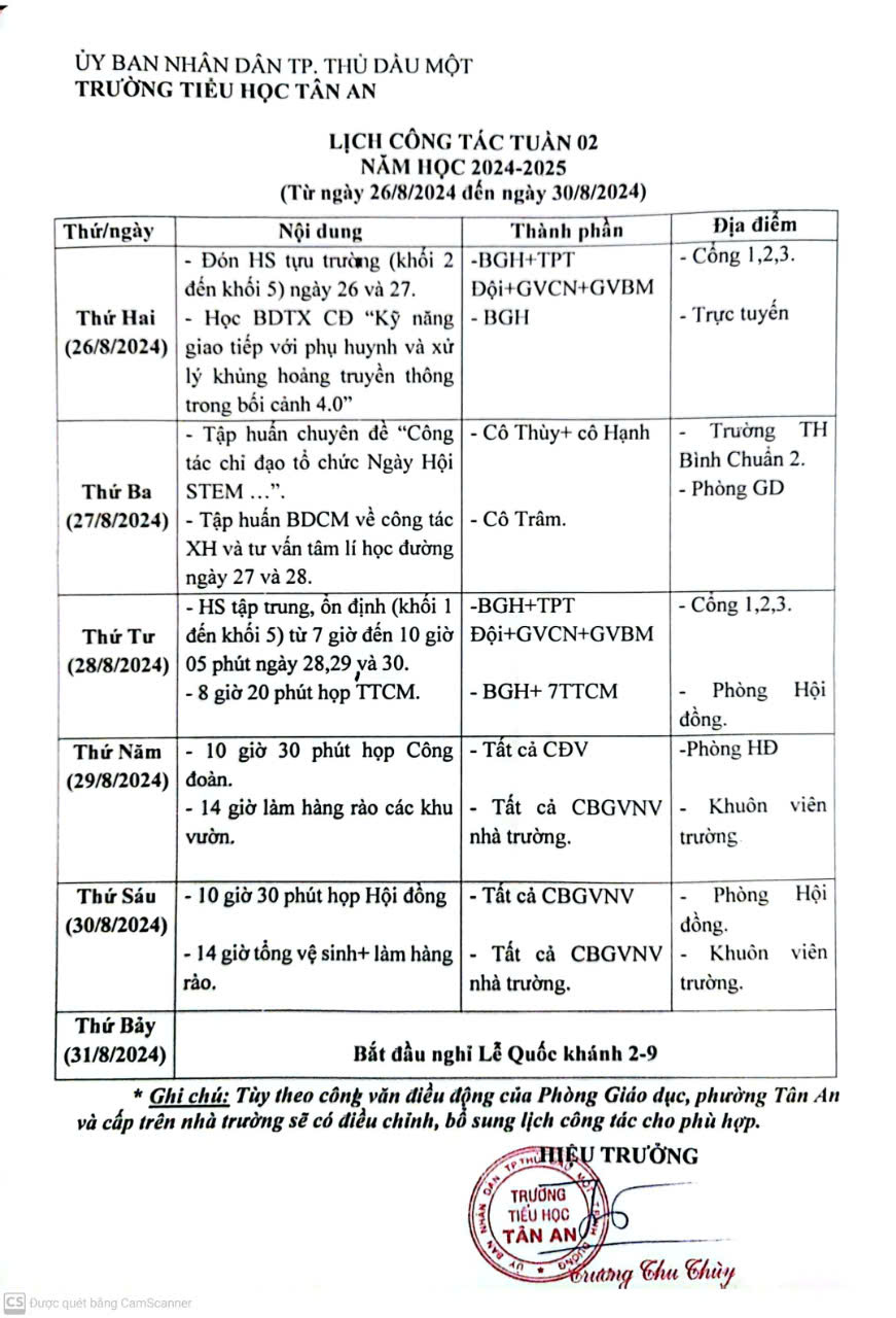 Lich làm việc trường TH Tân An 2024-2025