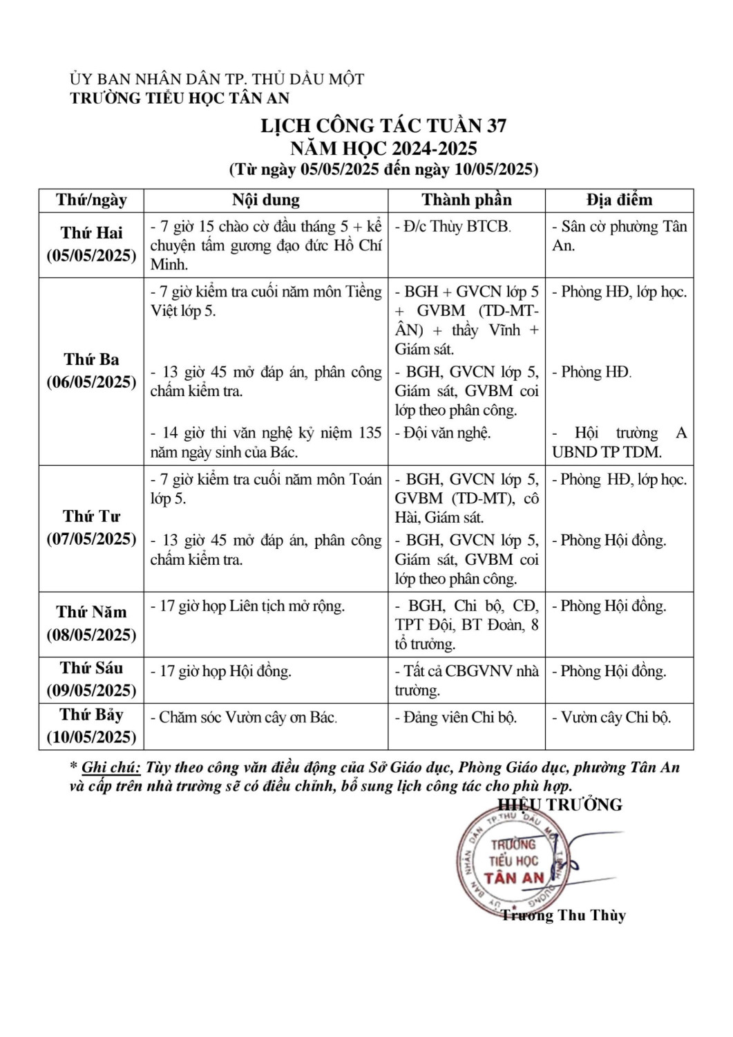 Lich làm việc trường TH Tân An 2024-2025