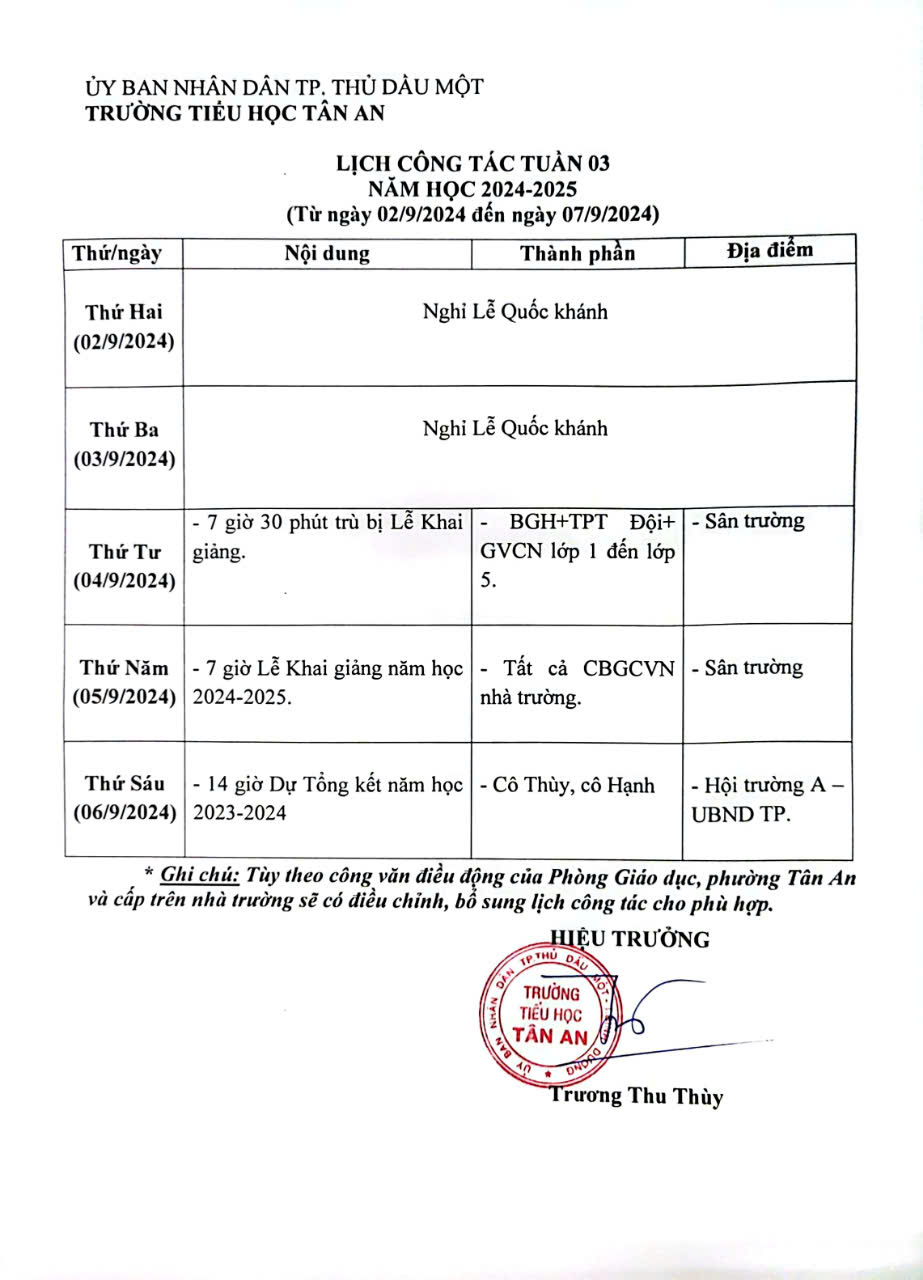 Lich làm việc trường TH Tân An 2024-2025