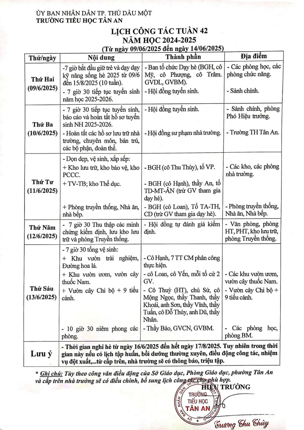 Lich làm việc trường TH Tân An 2024-2025