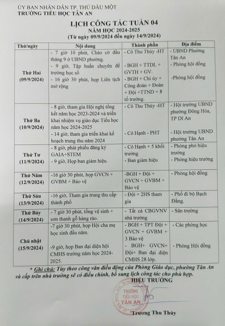 Lich làm việc trường TH Tân An 2024-2025