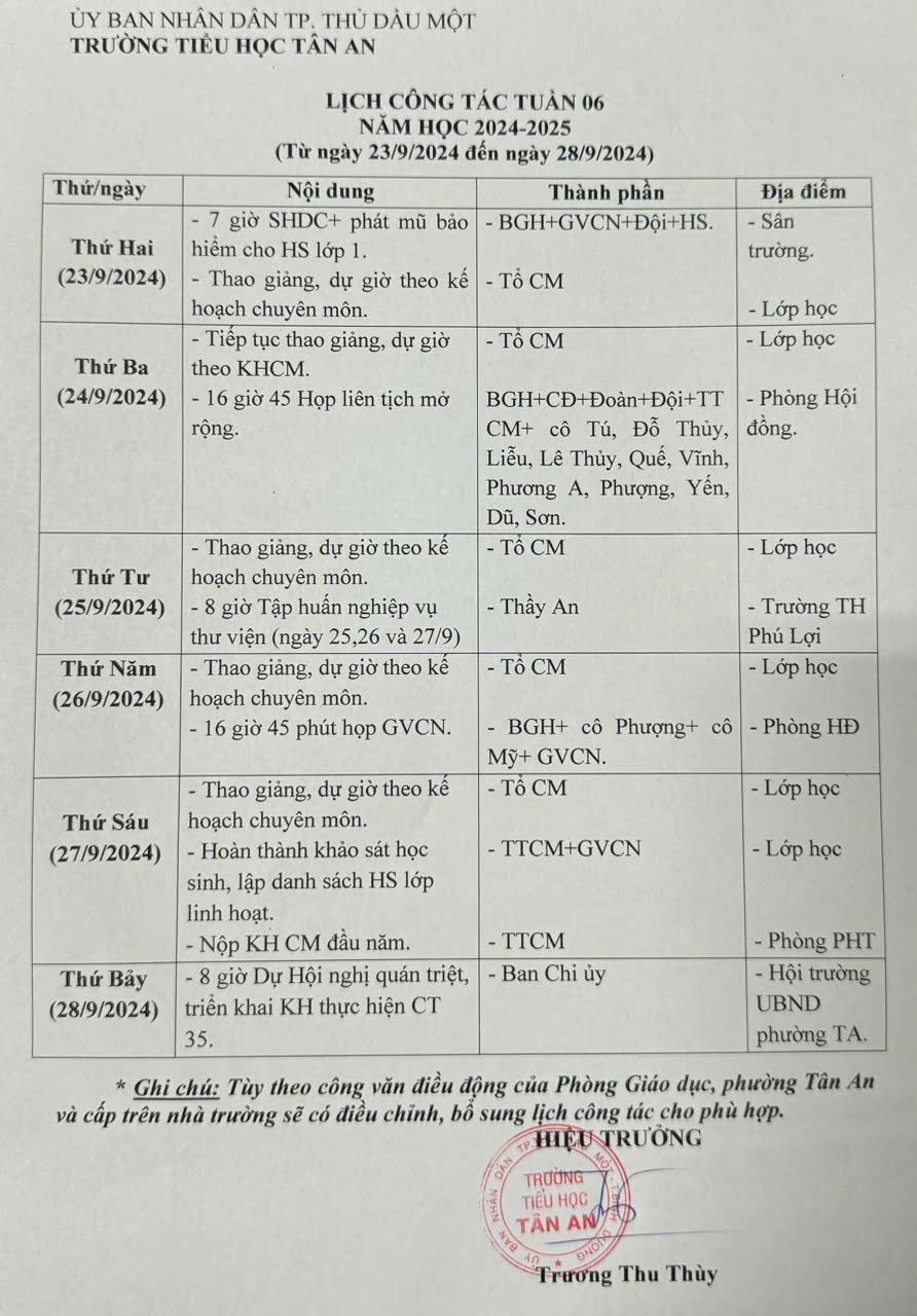 Lich làm việc trường TH Tân An 2024-2025
