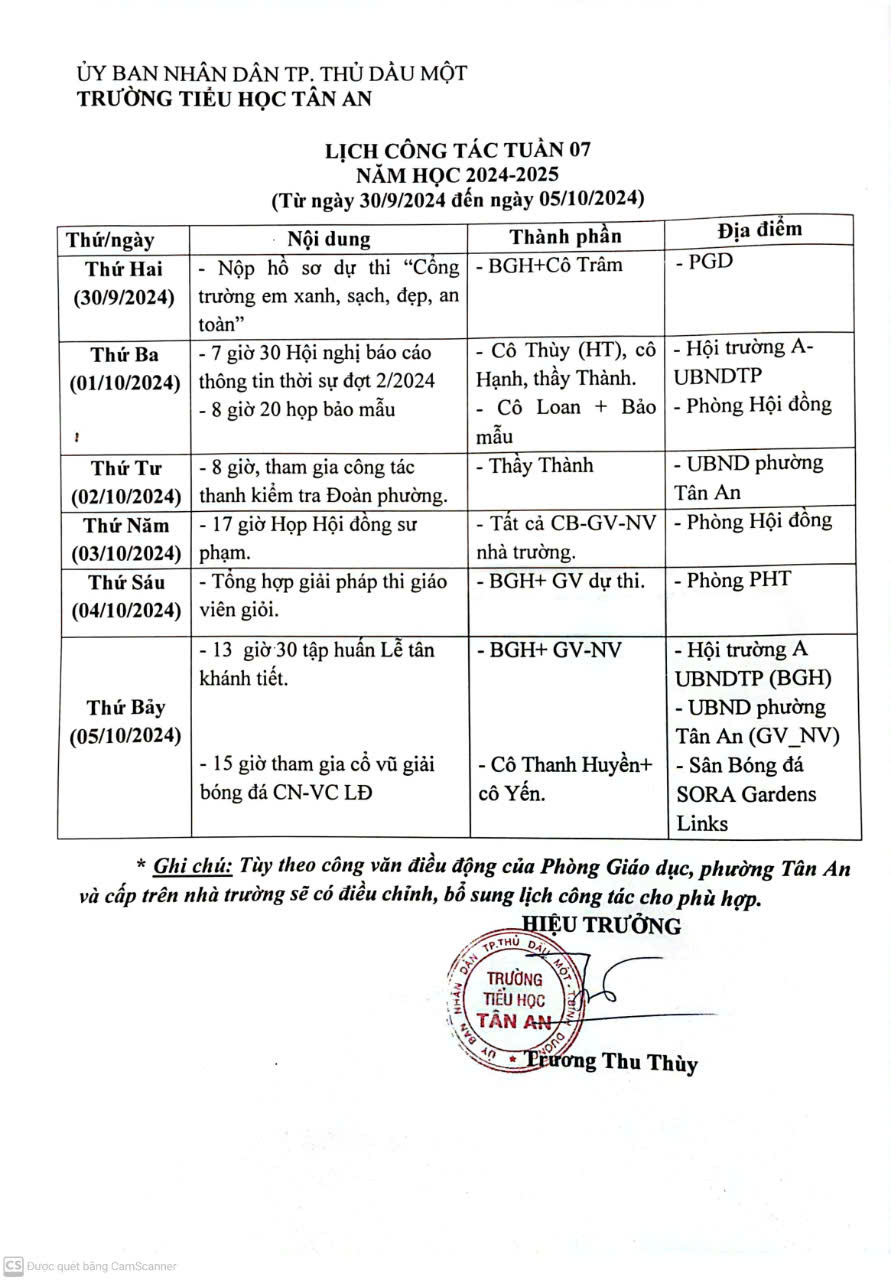 Lich làm việc trường TH Tân An 2024-2025