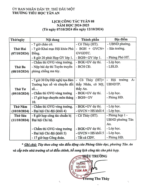 Lich làm việc trường TH Tân An 2024-2025