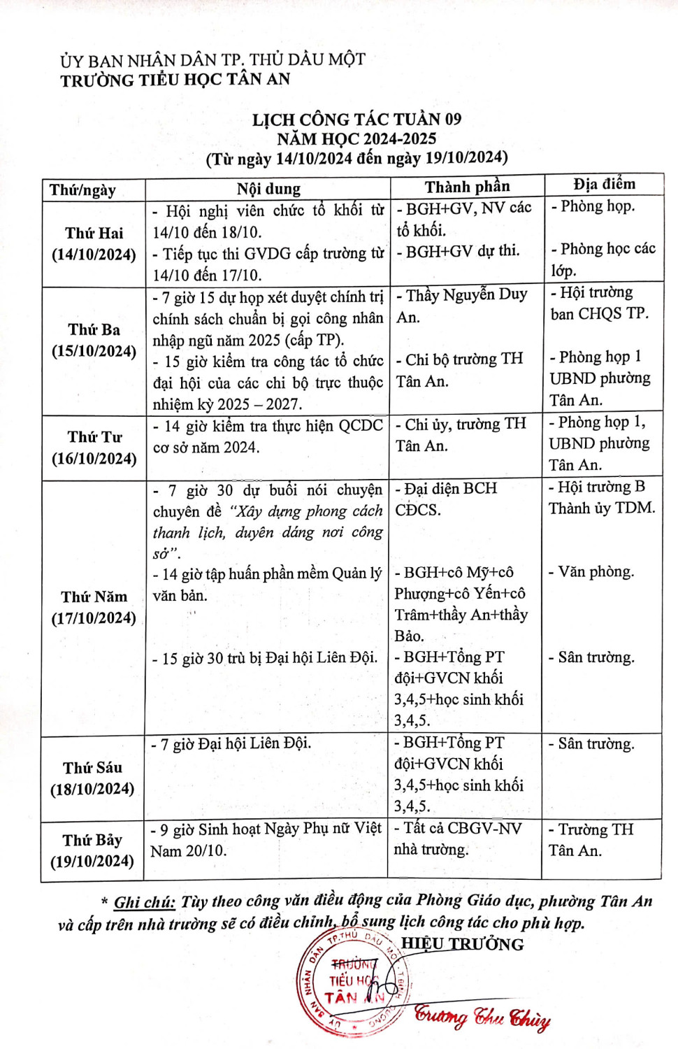 Lich làm việc trường TH Tân An 2024-2025