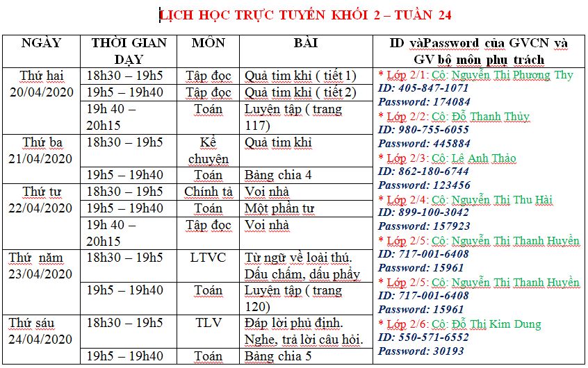 Lịch học trực tuyến khối 2 - tuần 24